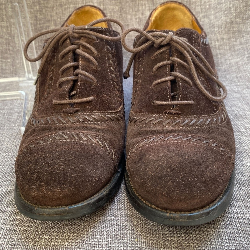Joan and David Size 7 Brown Suede Oxford Tie stacked Heel Shoes - Picture 5 of 16